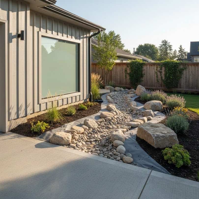 A Dry Creek Pathway On The Garage's Side