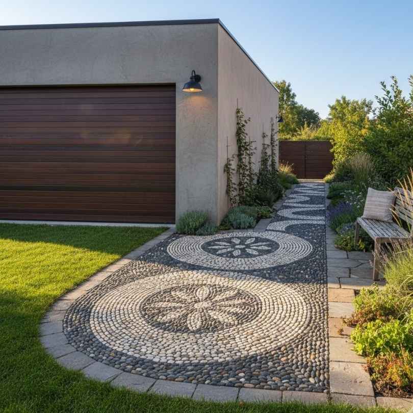 A Pebble Mosaic Pathway On The Side Of Garage