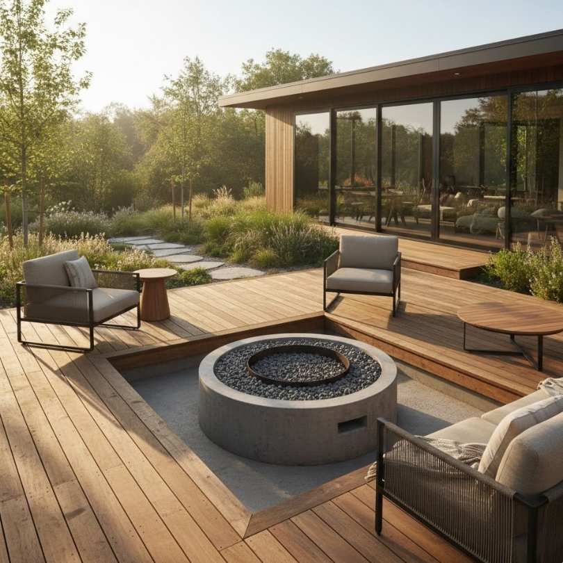A Sunken Fire Ring On A Wooden Deck