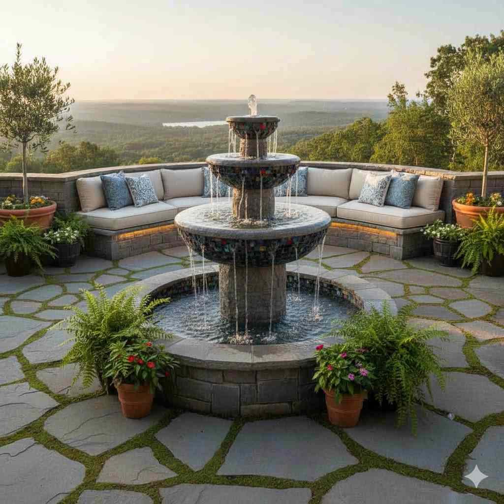 A patio with water fountain