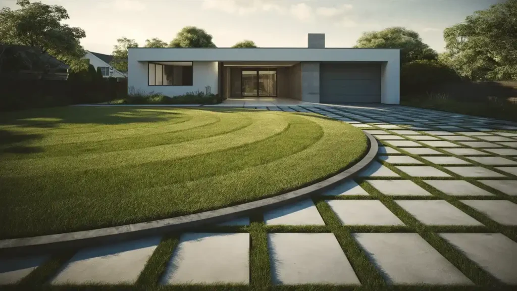 Abstract Concrete Grass Bed For Half Circle Driveway