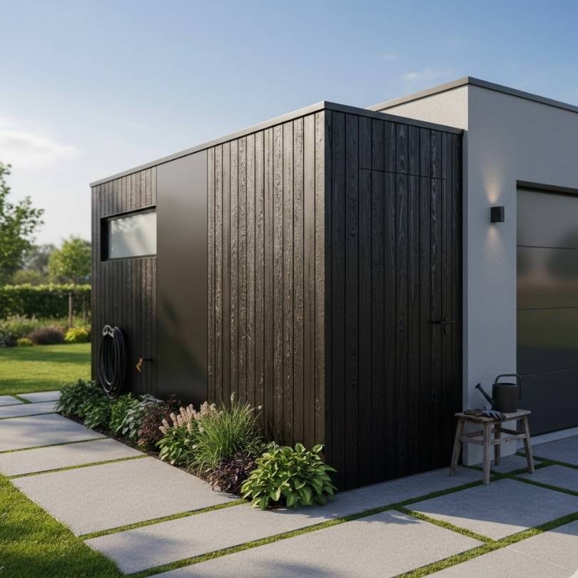An image of A Narrow Storage Shed Beside The Garage