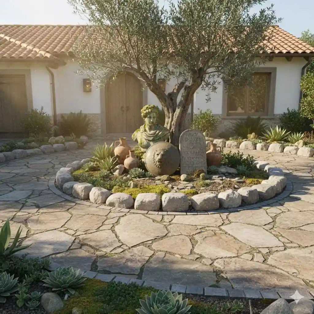 An image of Ornamental Rock Half Circle Driveway with Ancient Artefacts