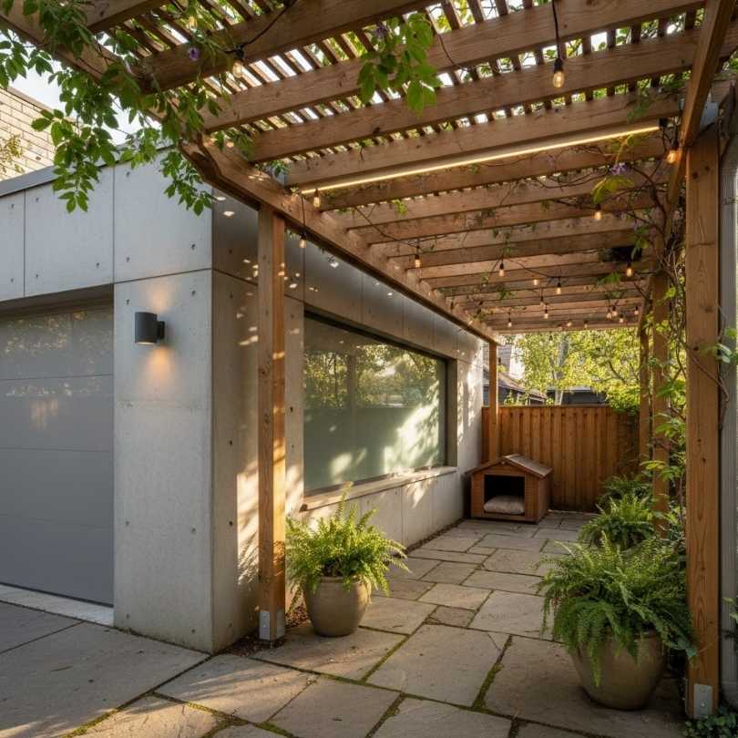 An image of a Narrow Pergola Corridor Next To The Garage