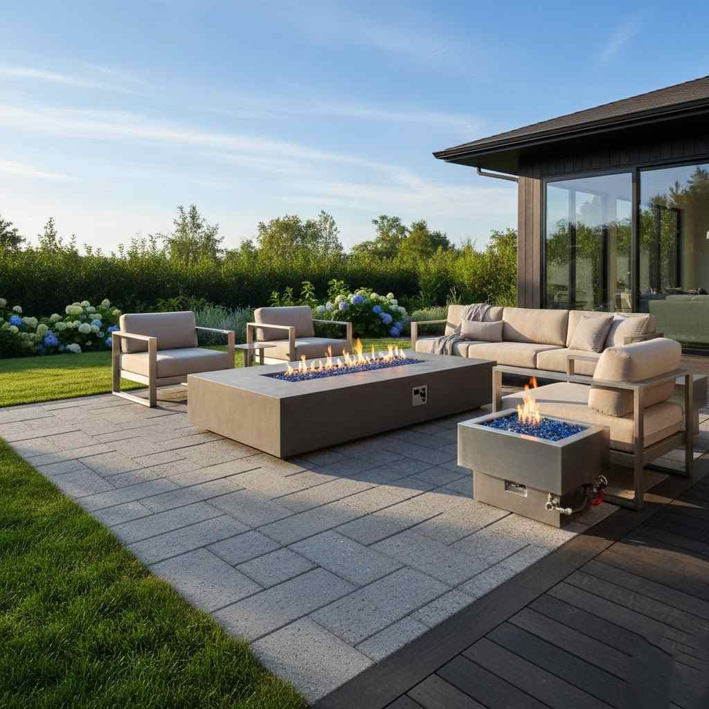 Blue Fireglass For Fire Pit On A Block Patio