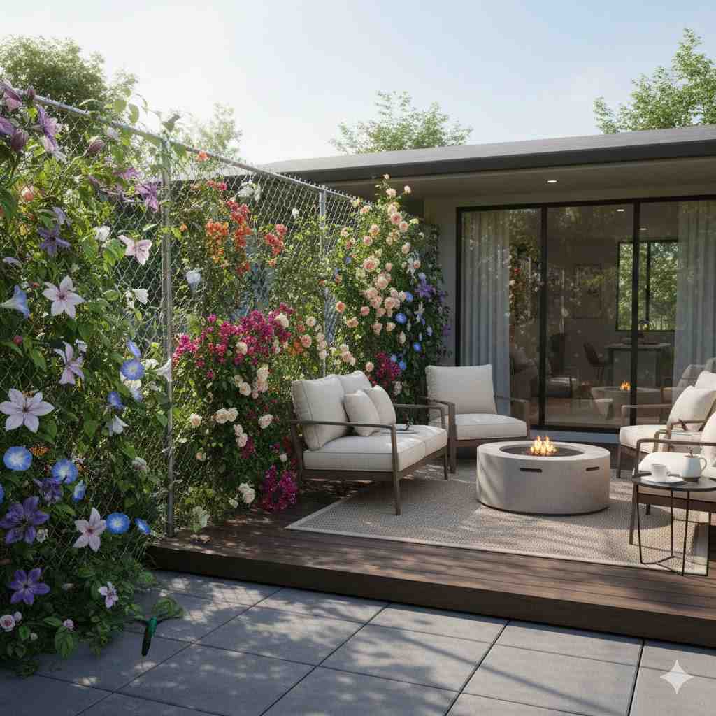 Chain Link Fence With Floral Vines For Patio