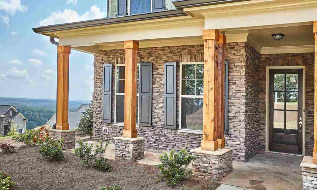 Cider Wooden Porch Column On Stone Veneer