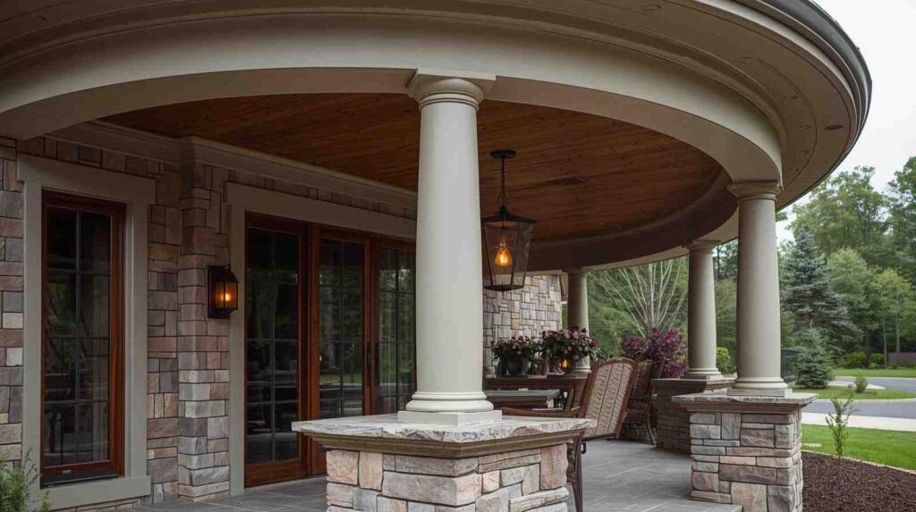 Circular Stone Porch Column with Light Fixtures