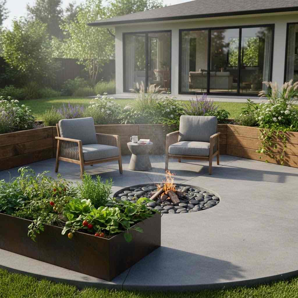 Concrete Patio With Fire Pit And Raised Garden Bed