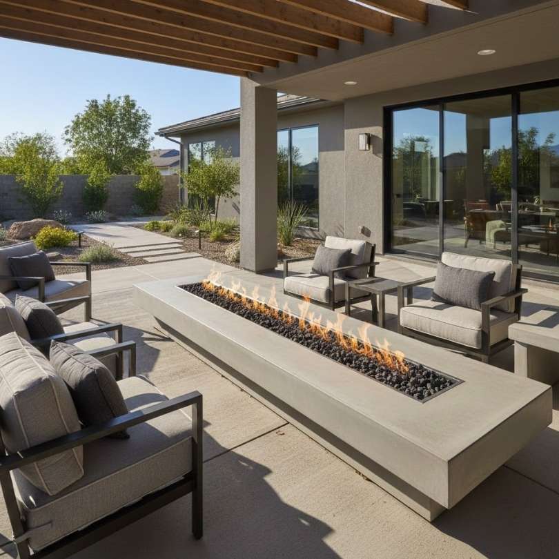 Linear Fire Table On Concrete Patio