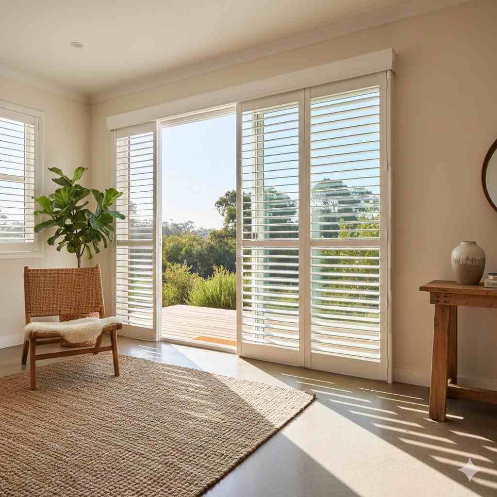 Natural Plantation Shutters For A Sliding Door