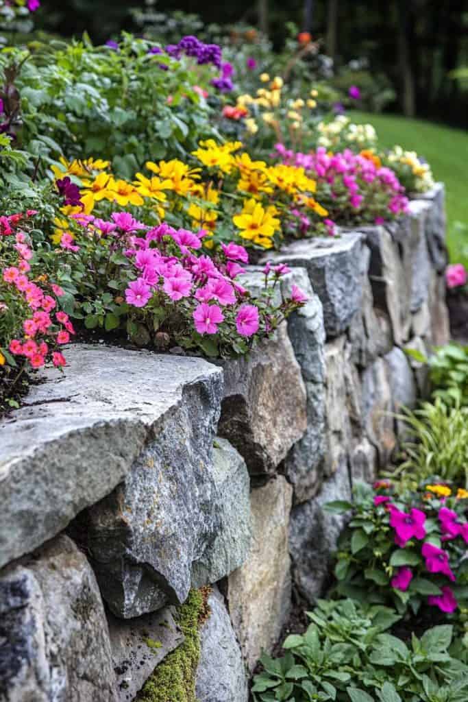 River Rock Retaining Wall With Flowers