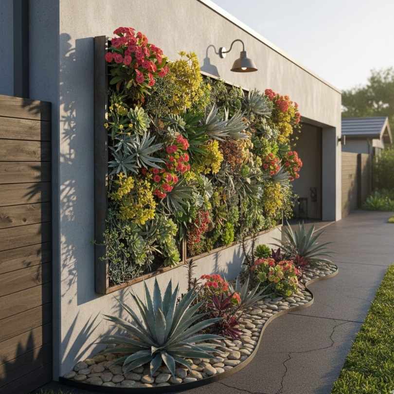 Vertical Succulent Panels On The Side Of The Garage