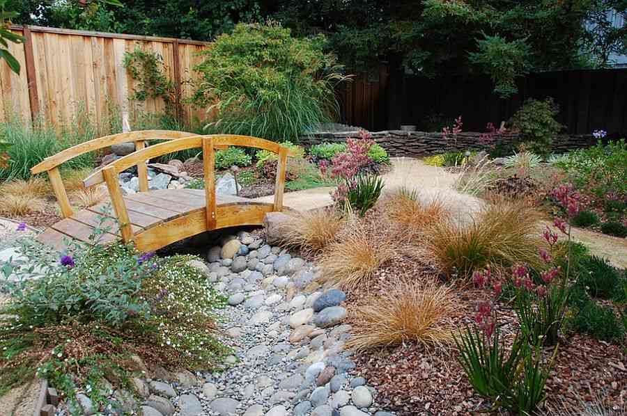 Wooden Bridge On River Stone Front Yard