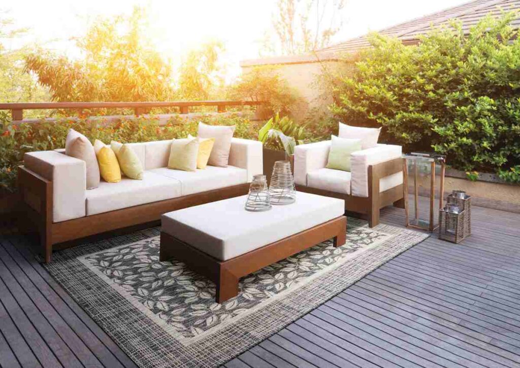 Wooden Patio with Furniture and Stylish Rugs