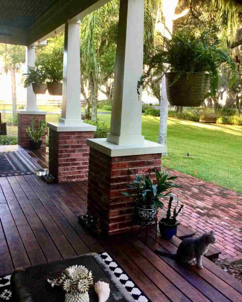 Wooden Porch Column with Hanging Pots
