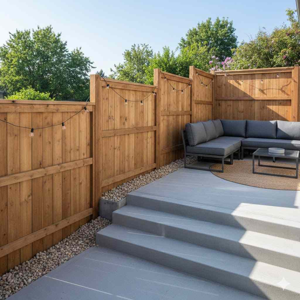 Wooden Stepped Fence For Sloped Patio