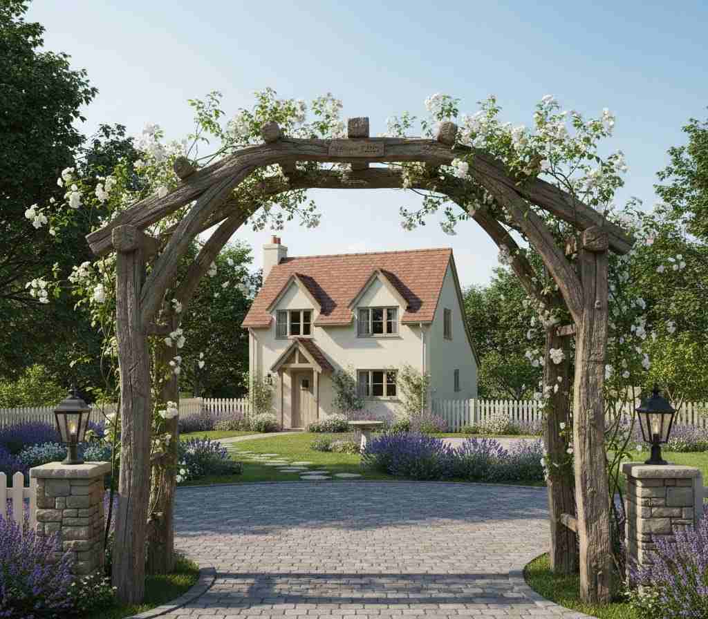 Wooden archway over a half circle driveway