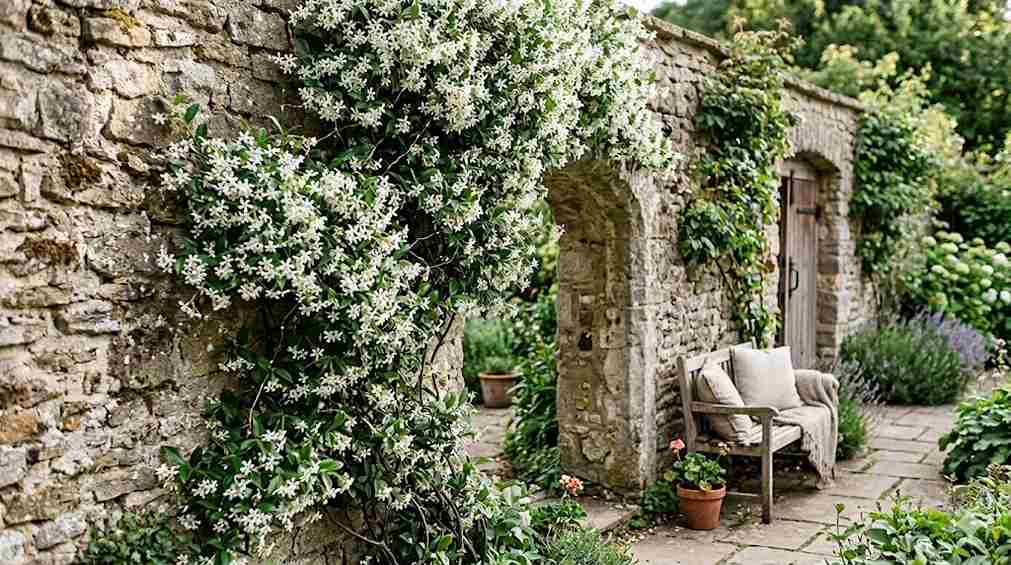 An Image Showing White Jasmine Flowers On Uneven Natural Stone Wall