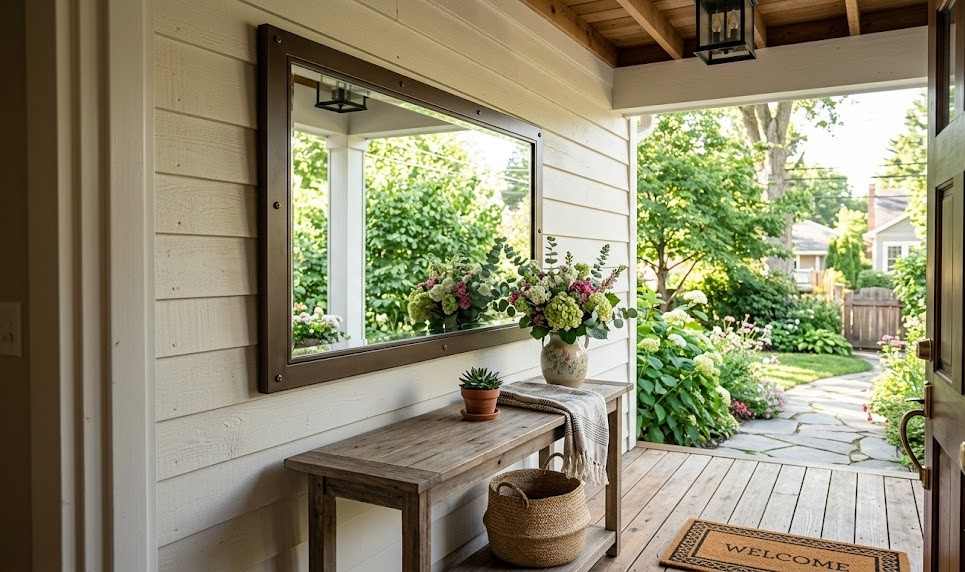 An Outdoor Mirror On The Front Porch Wall