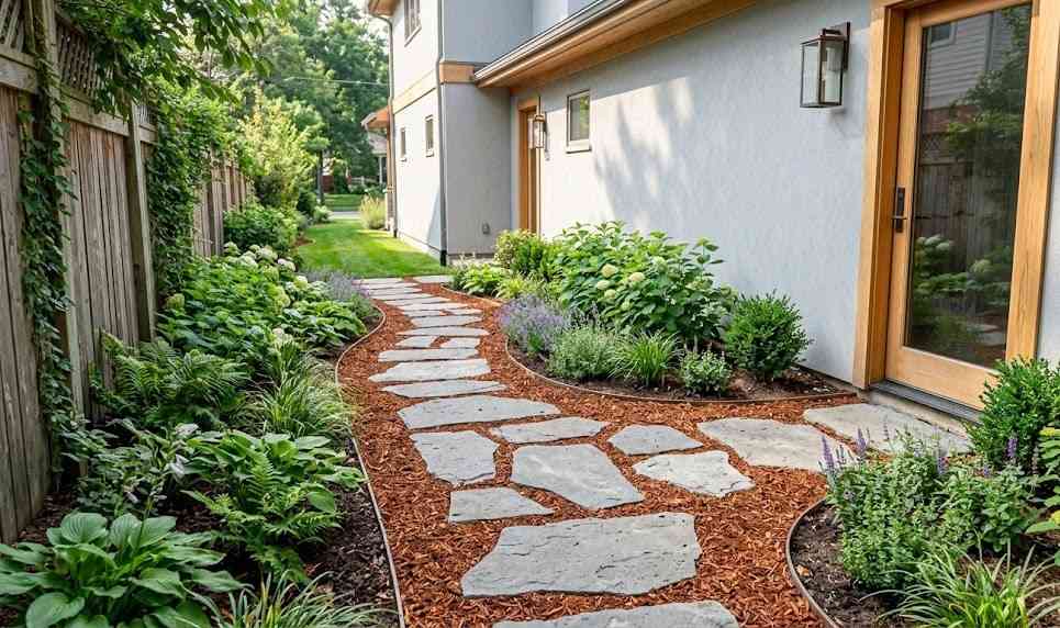 Cedar Mulch On Limestone Paver Sidewalk