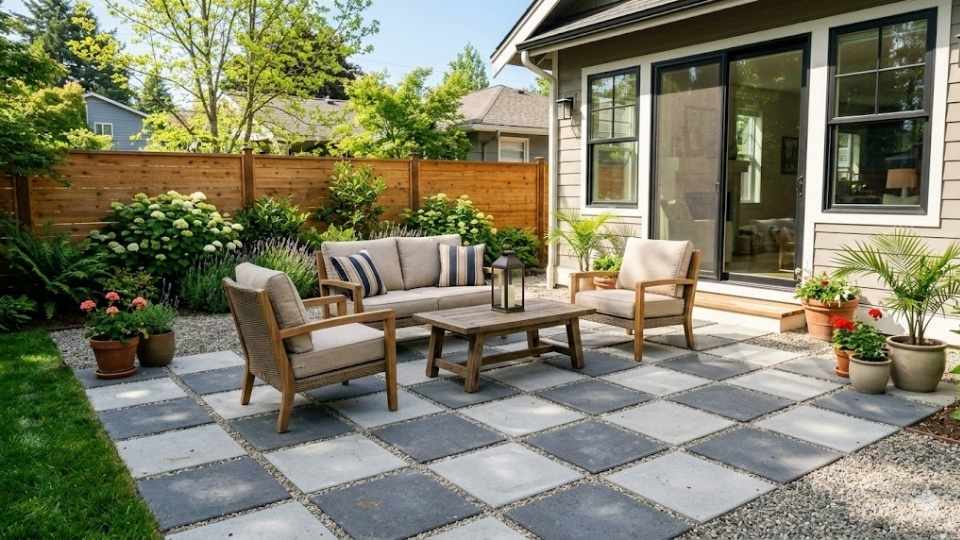 Checkerboard Concrete Paver Patio