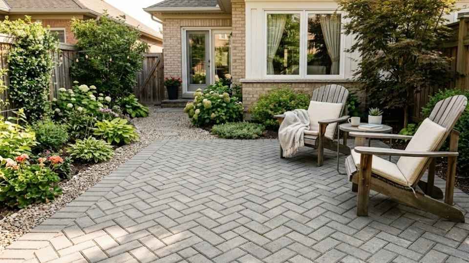 Concrete Paver Stone Patio In Herringbone Pattern