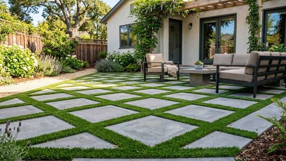 Diamond Turf With Concrete Paver Stone Patio