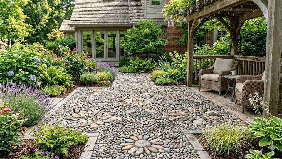 Floral River Rock Mosaic Paver Patio