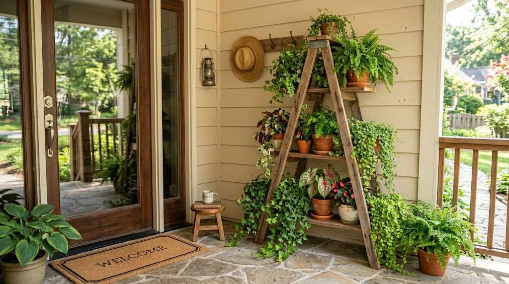 Front Porch Wall With Wooden Plant Stand