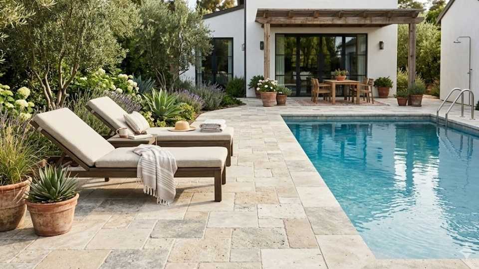Limestone Paver Stone Patio For Poolside