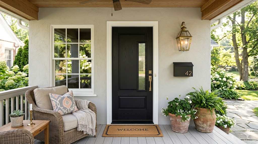 Matte Black Door On Porch Wall