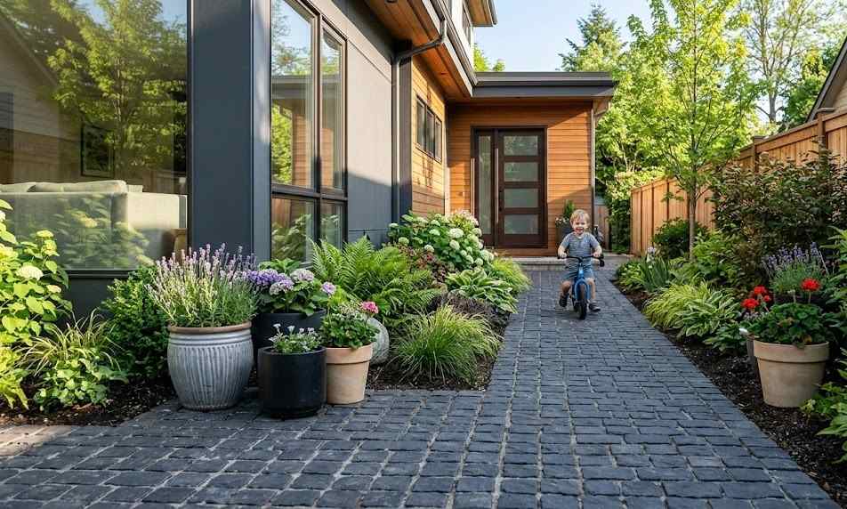 Sidewalk Using Black Cobblestone Paving
