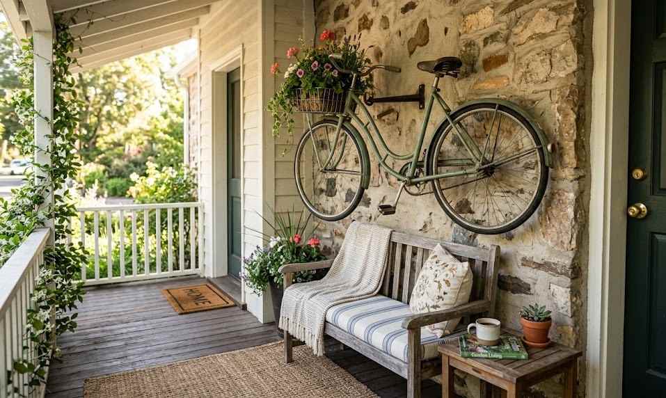 Wall-Mounted Vintage Bicycle On Front Porch Wall