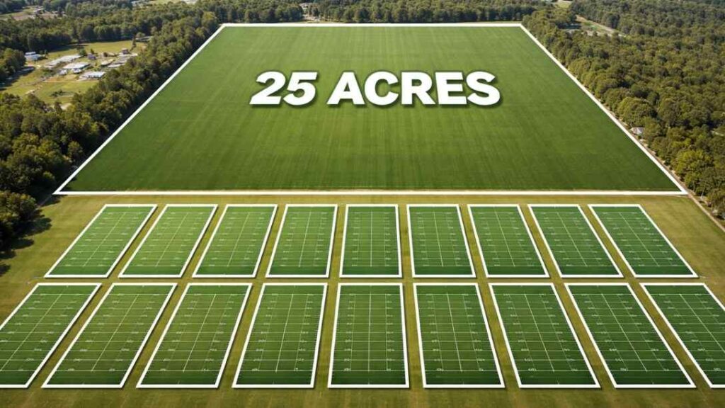 An Image Showing 25 Acres of Land having 19 Football Courts fit in it