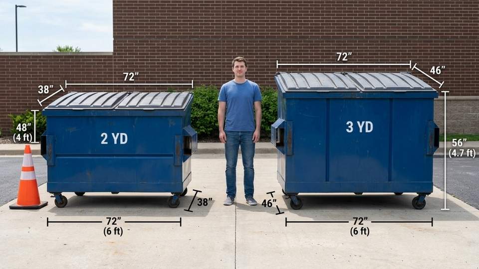 An Image Showing Comparison between 2 yard and 3 yard Dumpster