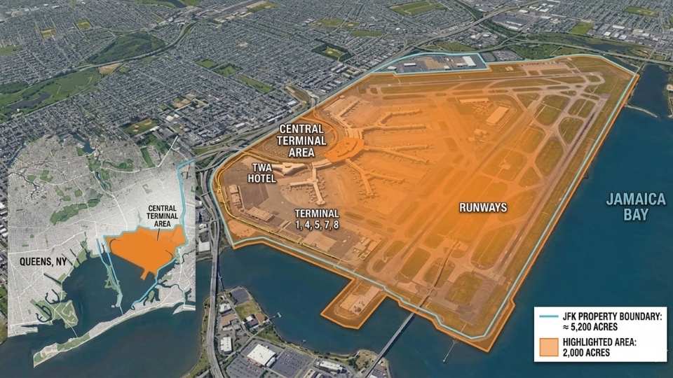 An Image showing 2000 Acres of Land on Map of JFK Airport
