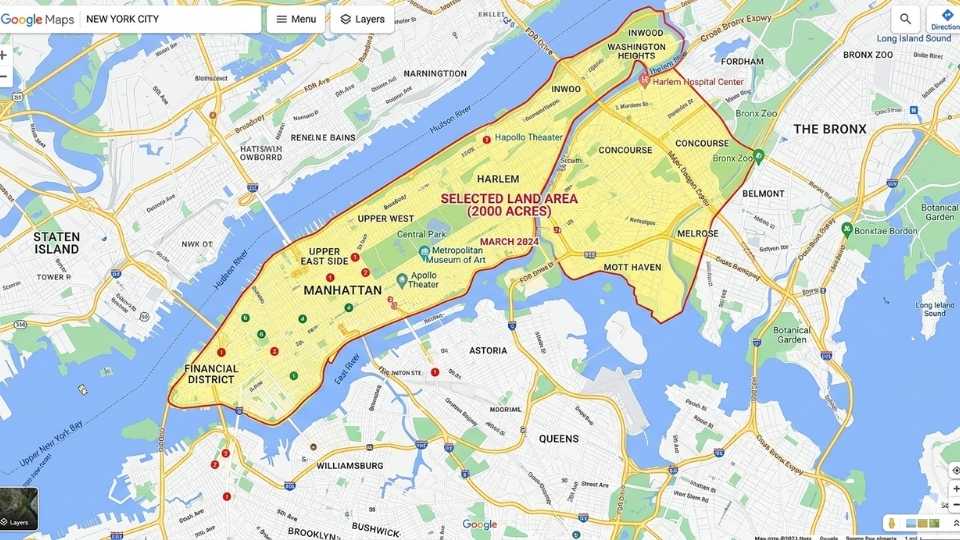 An Image showing 2000 Acres of Land on Map of New York City