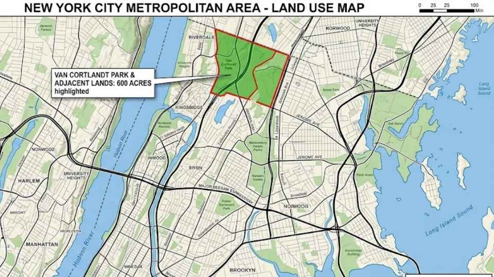 An Image showing 600 Acres of Land on Map of New York City