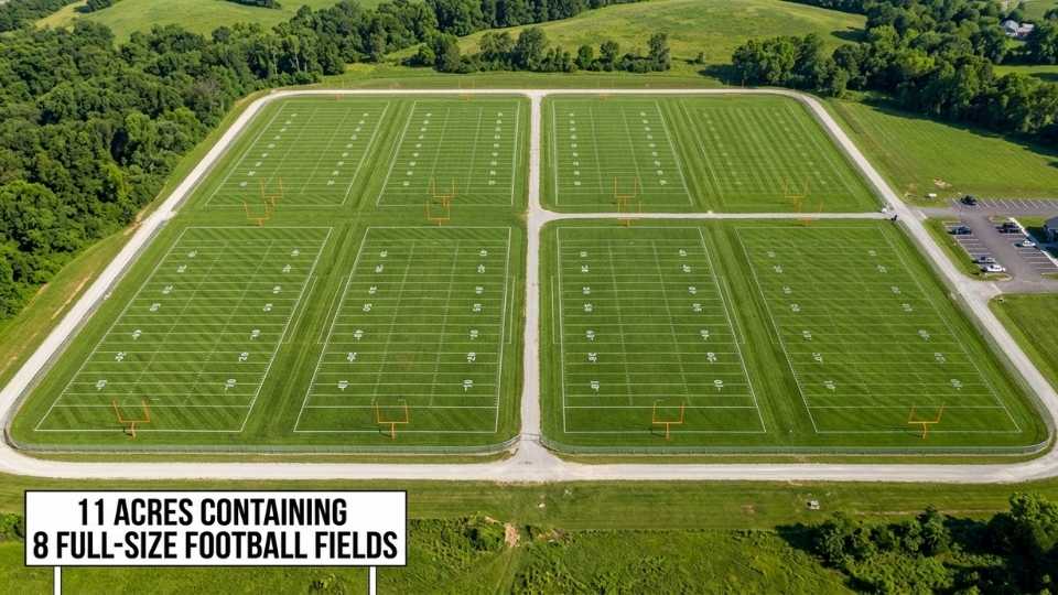 An Image showing 8 full-size football fields fit under 11 Acres of land