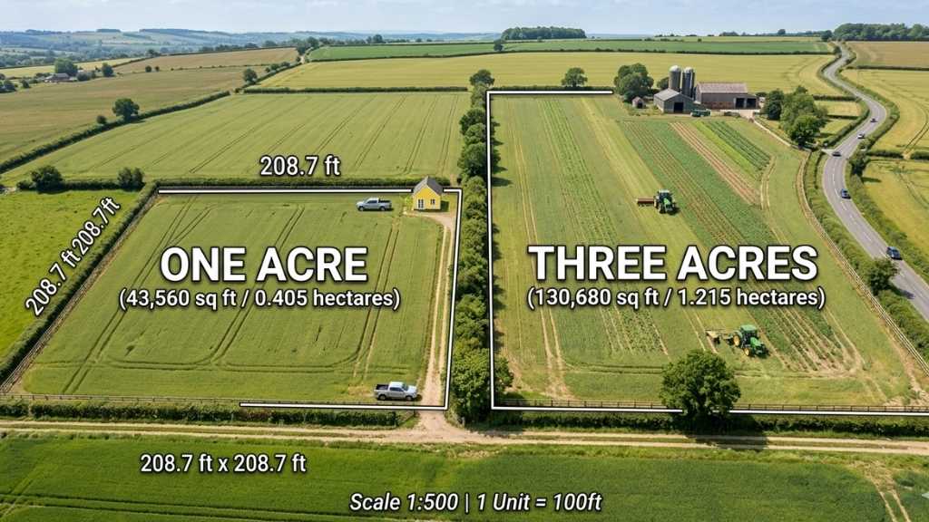 An Image showing difference between 1 Acre and 3 acres of land