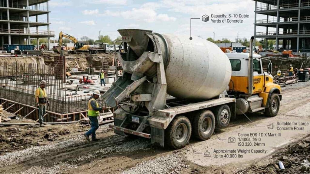 Concrete mixer truck at a construction site.