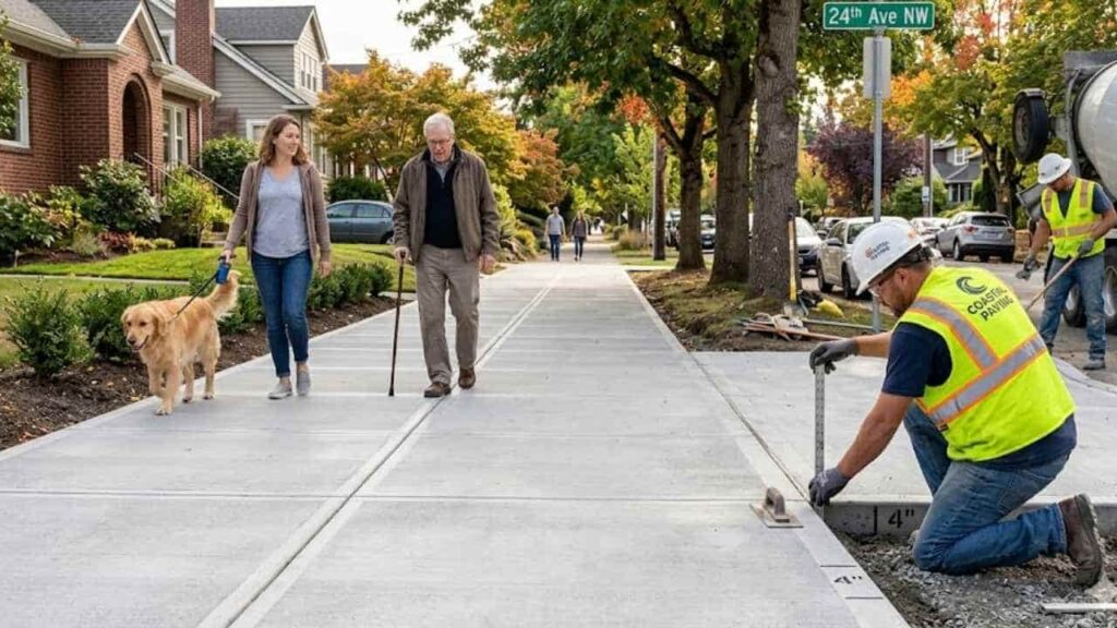 Image is showing concrete sidewalk work in a residential area.