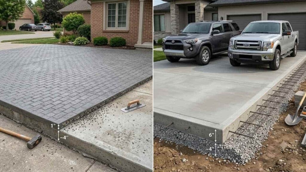 Comparison of 1-inch overlay and 6-inch concrete driveway slab